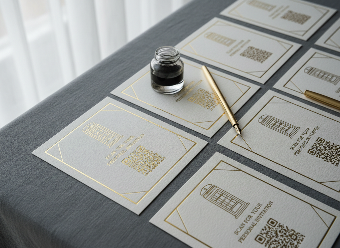 A collection of meticulously arranged video message invitation cards in heavyweight, textured off-white cardstock, embossed with delicate gold foil accents. Each card includes an elegant QR code and a subtle illustration of a retro phone booth. The cards rest on an understated slate-grey linen surface beside a minimal glass ink well and a gold pen. The space is softly illuminated by natural light filtered through sheer curtains, with gentle highlights catching the raised embossed details. Captured in an overhead, flat-lay composition with shallow depth for focus on the materials’ rich textures. The artistic treatment is subtly sophisticated and photographic, reinforcing the sense of modern luxury and invitation to connection.