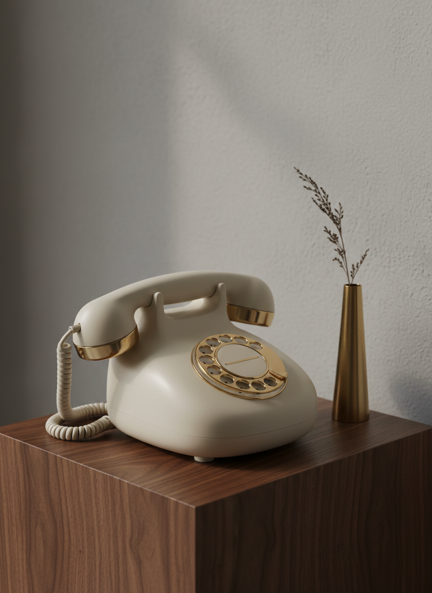 An elegant vintage-inspired video telephone in matte ivory, featuring a minimalist brass rotary dial and smooth handset, displayed upon a refined walnut plinth. The scene is set against a subtle textured plaster wall in a gentle dove grey, with a soft, indirect spotlight highlighting the gentle gleam of brass and the fine woodgrain. Faint reflections shimmer across the clean surface of the phone, surrounded by negative space and delicate decorative flourishes like a single dried sprig in a slender vase. Captured from a slightly elevated, offset angle using rule of thirds composition, the artistic style is minimalist with photographic realism and a muted palette for an atmosphere of understated luxury and nostalgia.