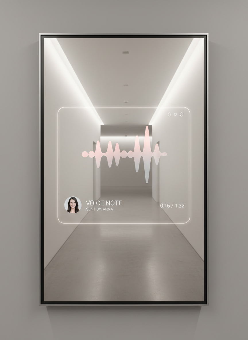 A close-up of a sophisticated video message interface displayed on a high-resolution wall-mounted screen with a matte finish, framed by minimalist brushed metal. The screen showcases an animated waveform with soft, muted pink and grey gradients pulsing gently as if capturing a heartfelt voice message. The background is an uncluttered, elegant hallway with subtle ambient backlighting and polished concrete floors, lending a cool, calm atmosphere. The image is photographed straight-on, symmetrically framed, with a razor-sharp focus on the digital interface. The overall artistic approach is clean, technologically refined, and visually understated, delivering a mood of innovation imbued with emotional resonance.