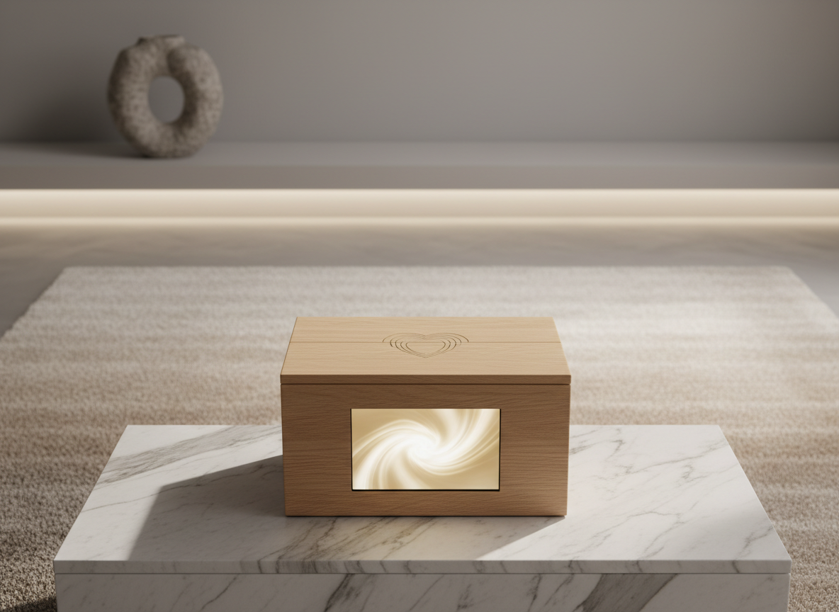 A pristine, closed guestbook box constructed from pale, matte oak with an embedded touchscreen video panel glows softly on a marble-topped console. The box’s lid features minimal laser-etched lines forming a heart motif. The surrounding environment is a tastefully contemporary lounge space, with a muted gradient rug and a sculpted stone vase in the background. Ambient diffused lighting gently glows from concealed sources, casting subtle, elongated shadows that emphasize the box’s clean lines. The composition is symmetrical and centered, photographed at table height with sharp clarity on the subject. The overall effect is one of refined innovation and emotional warmth, blending tradition and technology through minimalist elegance.