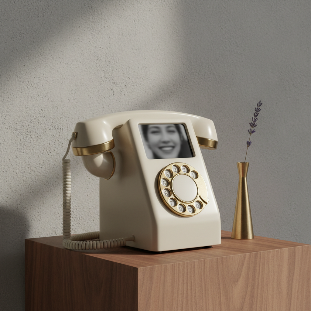 An elegant vintage-inspired video telephone in matte ivory, featuring a minimalist brass rotary dial and smooth handset, displayed upon a refined walnut plinth. The scene is set against a subtle textured plaster wall in a gentle dove grey, with a soft, indirect spotlight highlighting the gentle gleam of brass and the fine woodgrain. Faint reflections shimmer across the clean surface of the phone, surrounded by negative space and delicate decorative flourishes like a single dried sprig in a slender vase. Captured from a slightly elevated, offset angle using rule of thirds composition, the artistic style is minimalist with photographic realism and a muted palette for an atmosphere of understated luxury and nostalgia.