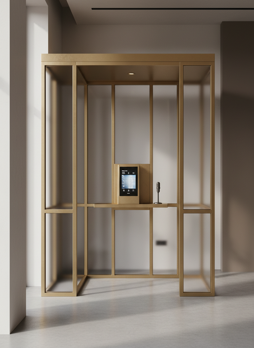 A luxurious, modern video message booth crafted from matte brushed brass and frosted glass sits elegantly in an understated reception space. The booth's refined geometric form features minimal ornamentation, with a discreetly integrated video phone resting atop a sleek shelf. Muted taupes and soft greys define the walls and subtle gradients flow across the polished concrete floor. Gentle, diffused natural light pours in through tall, frosted windows, casting elegant, soft-edged shadows that accentuate the booth’s silhouette. The mood is sophisticated and serene, with a minimalist composition that centers the booth in the frame. Shot at eye level with sharp focus and shallow depth for contemporary photographic realism, emphasizing the fusion of tradition and innovation for timeless keepsakes.